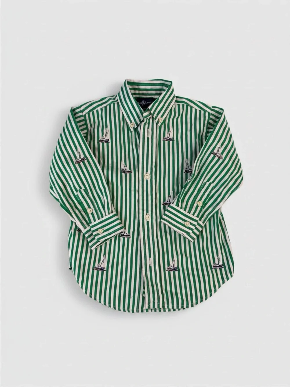 Ralph Lauren Boys 24M Green White Striped Sailboat Button Down Shirt